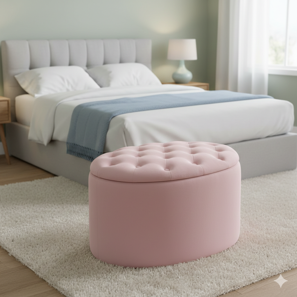Banc de rangement en velours rose